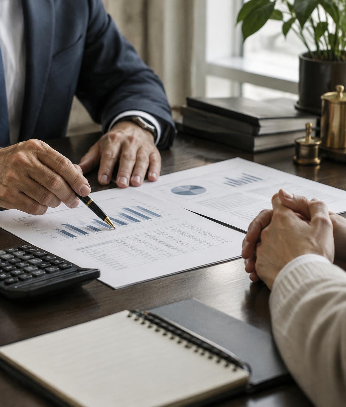 An advisor reviewing financial documents with a client